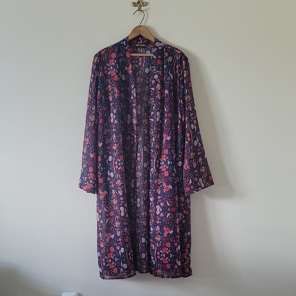 Moda Fresca Navy Blue Abstract Floral‎ Duster Size 1X